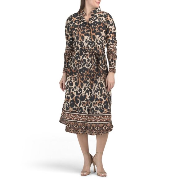 BLUE NAVY Cheetah Made In Italy Cheetah Placed Print Poplin Shirt Dress - Picture 1 of 2